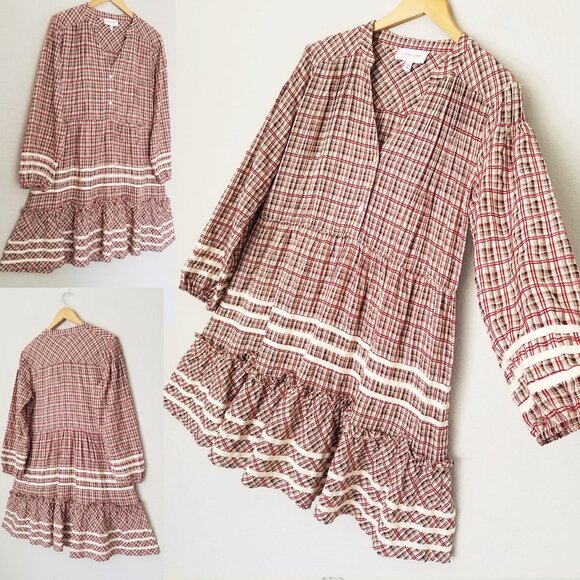 Dear John Plaid Ribbon Trim Tiered Mini Dress S Balloon Sleeves Cottagecore Boho - Picture 1 of 16